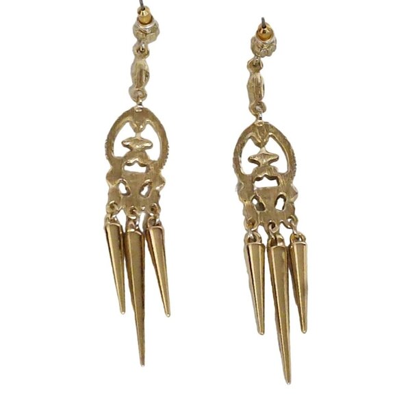 Dangle Earrings Gold Tone Metal Rhinestones Spiky Drop Chandelier Style 3.5" L - Picture 6 of 8